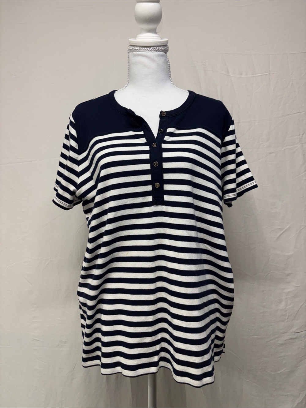 Chaps Navy and White Striped Short Sleeve Henley Tee